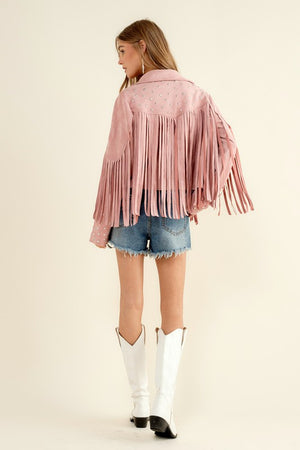 So Glam Fringe & Studs Jacket in Camel, Blush & Black