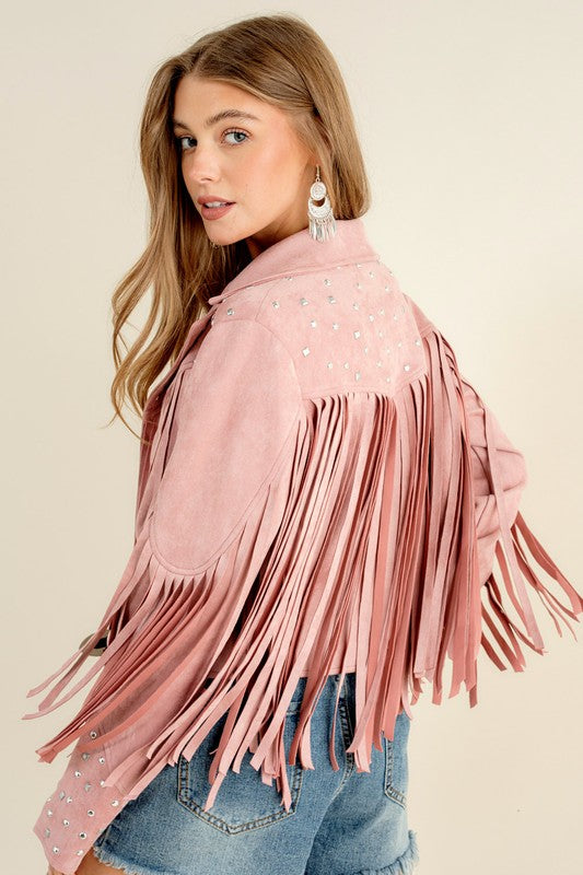 So Glam Fringe & Studs Jacket in Camel, Blush & Black