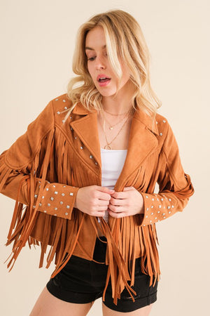 So Glam Fringe & Studs Jacket in Camel, Blush & Black