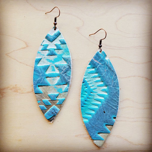 Handcrafted Aztec Narrow Leather Oval Earrings in Blue