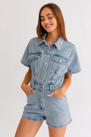 Rowyn Denim Romper in Denim & White