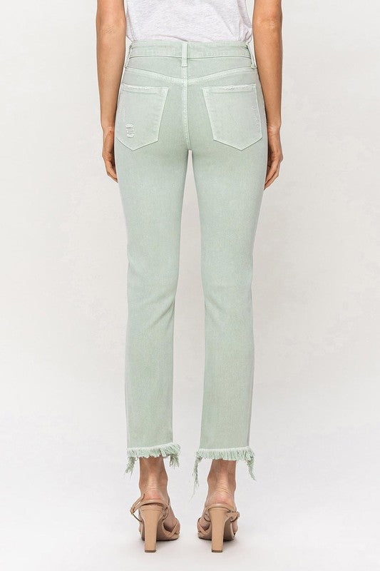 Frayed Hem Mid Rise Crop Straight Jeans