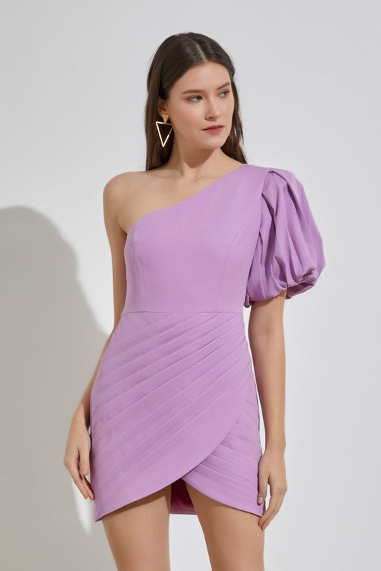Kaylani One Shoulder Puff Sleeve Dress in Lavender & White