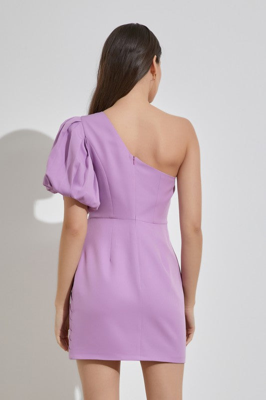 Kaylani One Shoulder Puff Sleeve Dress in Lavender & White
