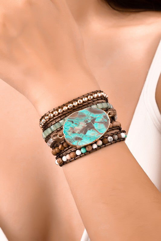 Handcrafted Semi-Precious Boho Wrap Bracelet in Turquoise, Picture Jasper, Amanzonite, & Grey Agate