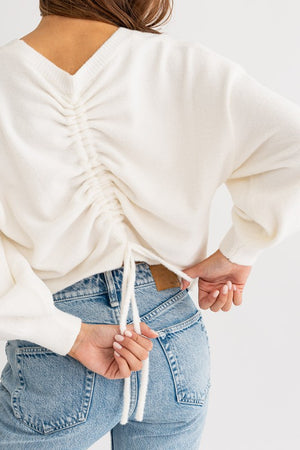 So Fuzzy Ruched Sweater in Green, Pink, & Cream