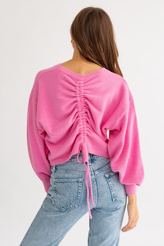 So Fuzzy Ruched Sweater in Green, Pink, & Cream