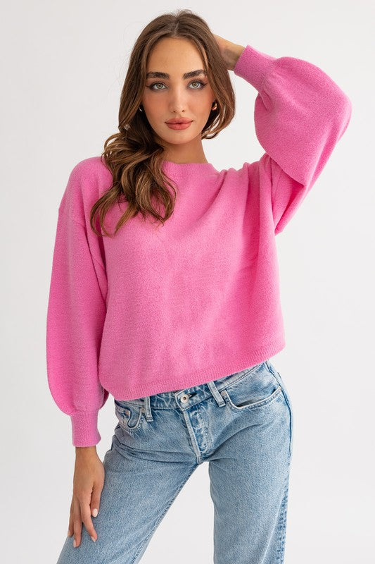 So Fuzzy Ruched Sweater in Green, Pink, & Cream