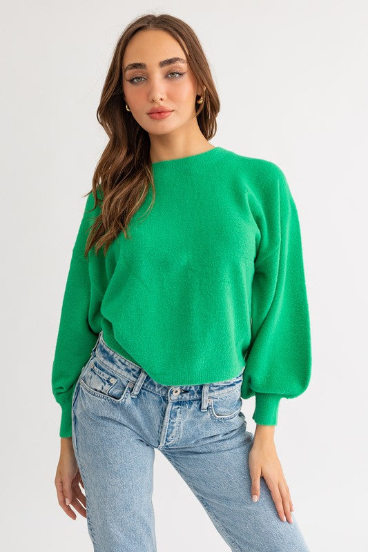 So Fuzzy Ruched Sweater in Green, Pink, & Cream