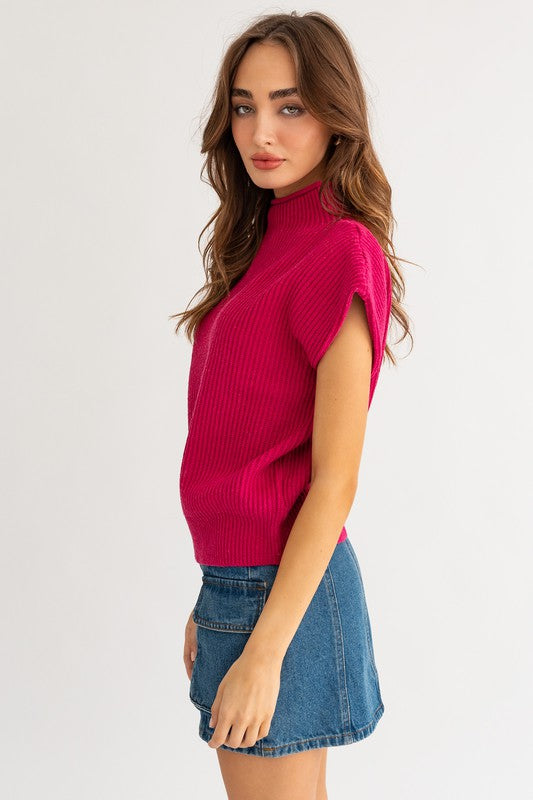 Be Bold Short Sleeve Turtle Neck Sweater in Fuchsia, Cream, Brown, & Black