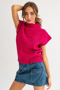 Be Bold Short Sleeve Turtle Neck Sweater in Fuchsia, Cream, Brown, & Black