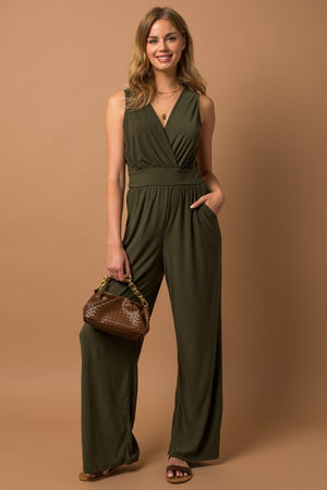 Perfectly Pocketed V-Neck Jumpsuit in Black & Olive