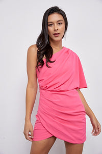Paige One Shoulder Wrap Mini Dress in Paradise Pink