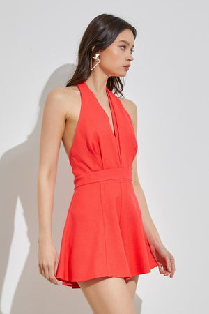 Enticing Open Back Halter Neck Romper in Coral Red & White