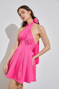 Nevaeh Cross Halther Dress in Bright Fuchsia & White