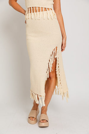 Ariel Tassel Sweater Midi Skirt in Taupe & Cream