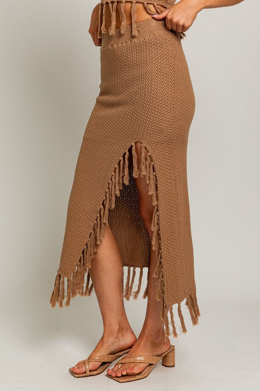 Ariel Tassel Sweater Midi Skirt in Taupe & Cream