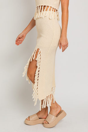 Ariel Tassel Sweater Midi Skirt in Taupe & Cream