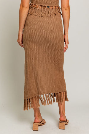 Ariel Tassel Sweater Midi Skirt in Taupe & Cream