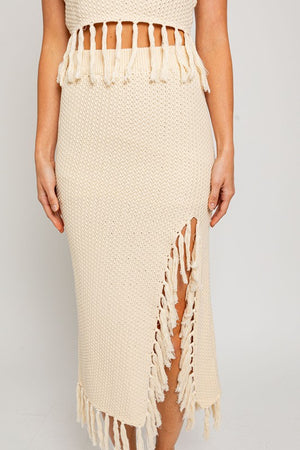 Ariel Tassel Sweater Midi Skirt in Taupe & Cream