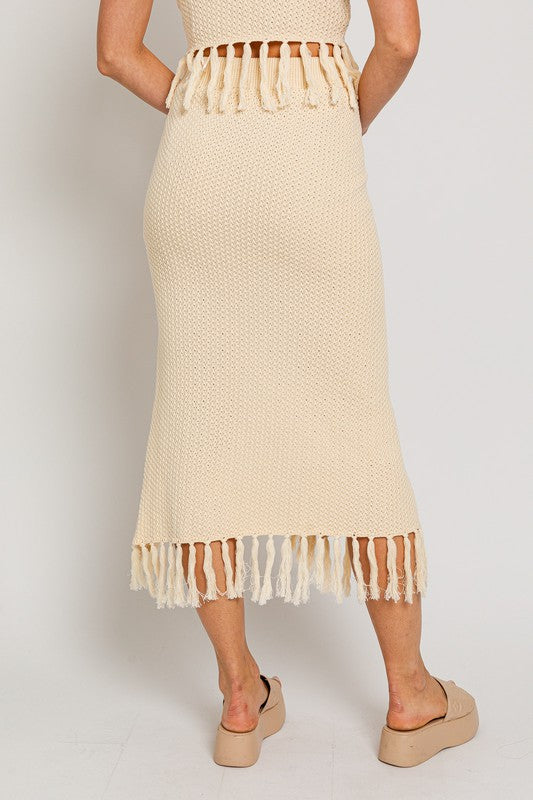 Ariel Tassel Sweater Midi Skirt in Taupe & Cream