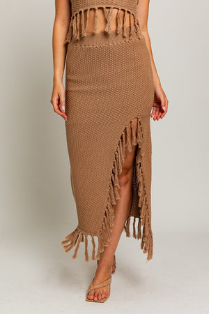 Ariel Tassel Sweater Midi Skirt in Taupe & Cream