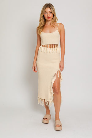 Ariel Tassel Sweater Midi Skirt in Taupe & Cream