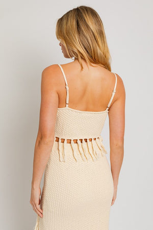 Ariel Tassel Sweater Crop Top in Taupe & Cream