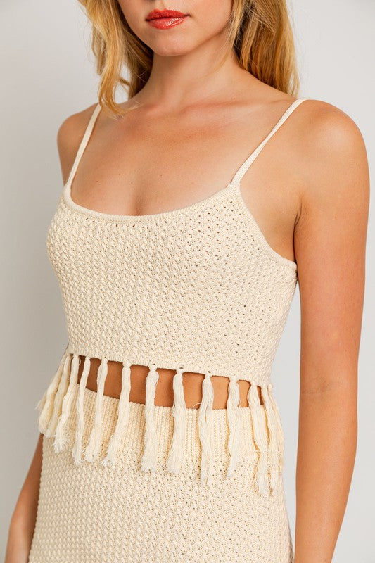 Ariel Tassel Sweater Crop Top in Taupe & Cream