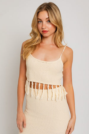 Ariel Tassel Sweater Crop Top in Taupe & Cream