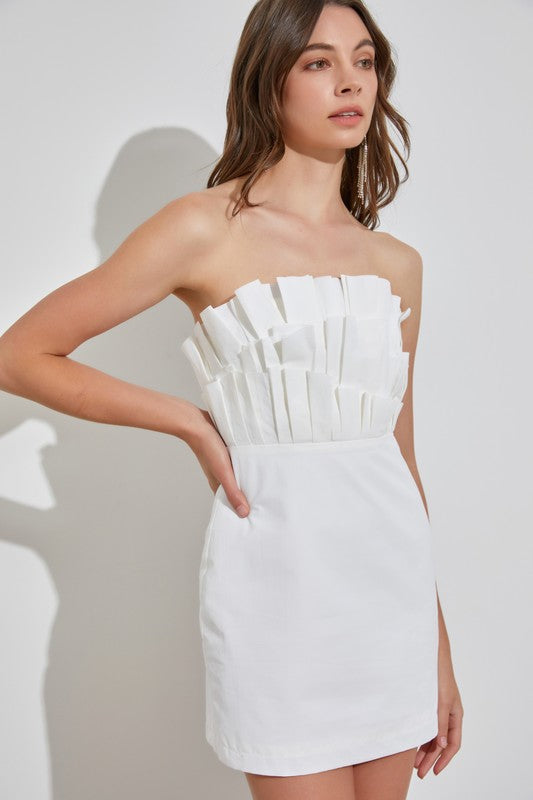 Structured Ruffles Strapless Mini Dress in White & Coral