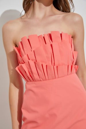 Structured Ruffles Strapless Mini Dress in White & Coral