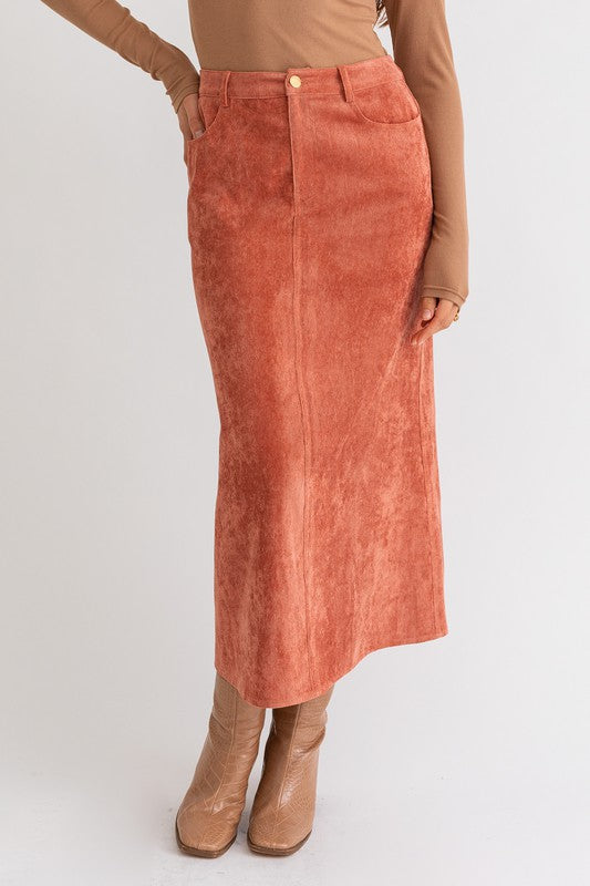 So Stylish Corduroy Midi Skirt in Rust