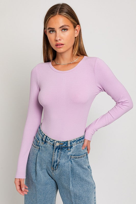 Desi Long Sleeve Ribbed Bodysuit in Lavender, White, & Black