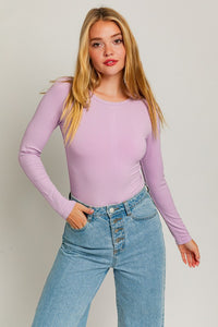 Desi Long Sleeve Ribbed Bodysuit in Lavender, White, & Black