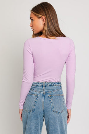 Desi Long Sleeve Ribbed Bodysuit in Lavender, White, & Black