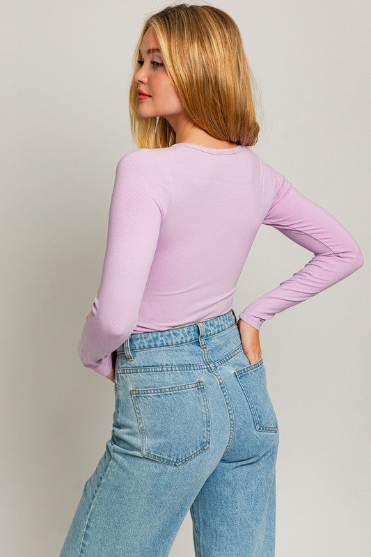 Desi Long Sleeve Ribbed Bodysuit in Lavender, White, & Black