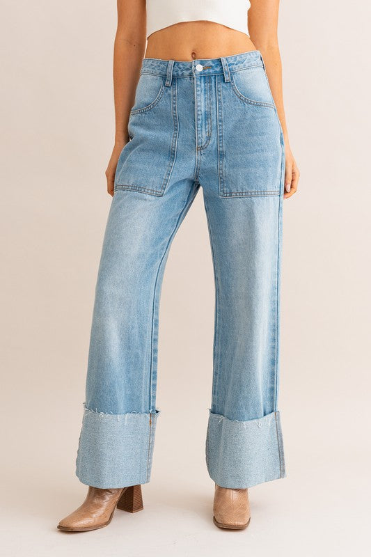 Baina Cuffed Wide Leg Jeans in Light Denim