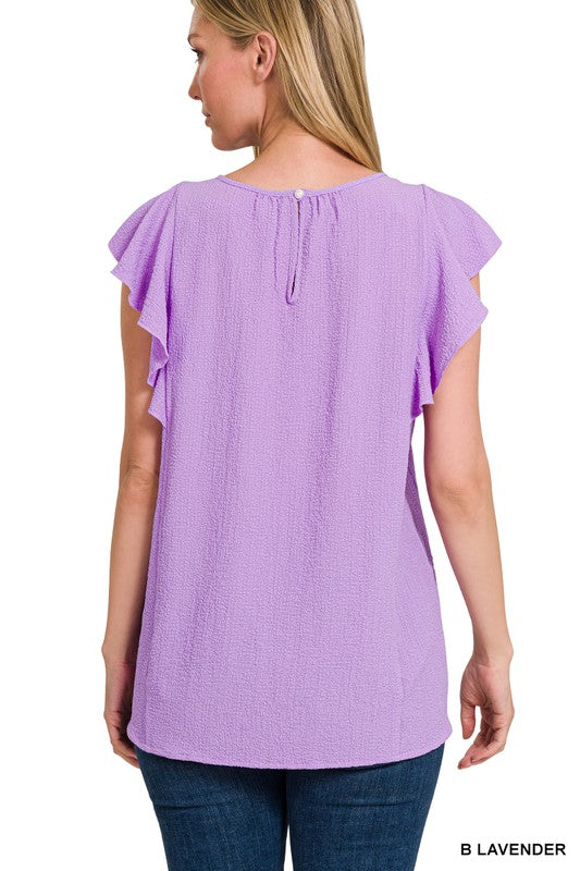 Ingrid Woven Flutter Sleeve Top in Light Mauve, Black, Lavender, Off-White, Light Navy & Sand Beige