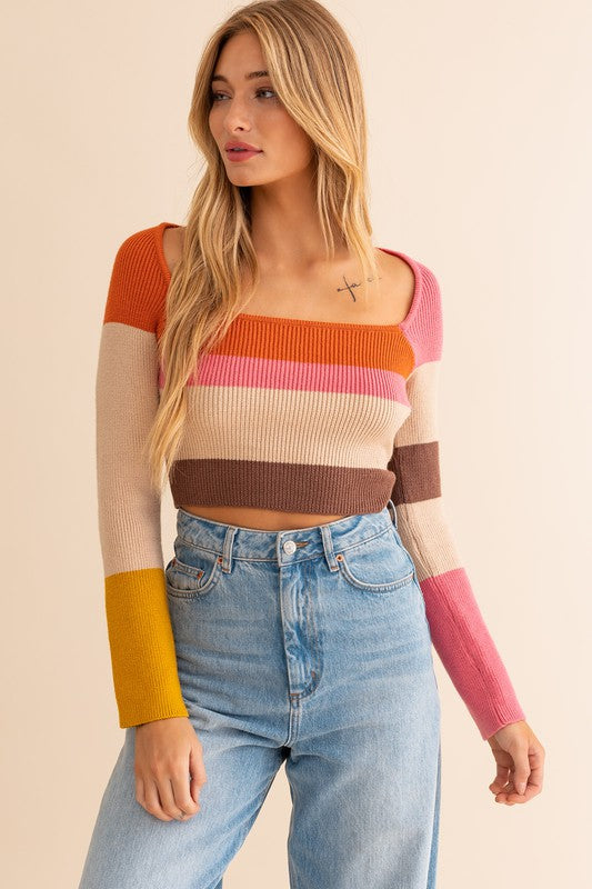 Such a Square Neck Striped Cropped Knit Top in Rust Multi