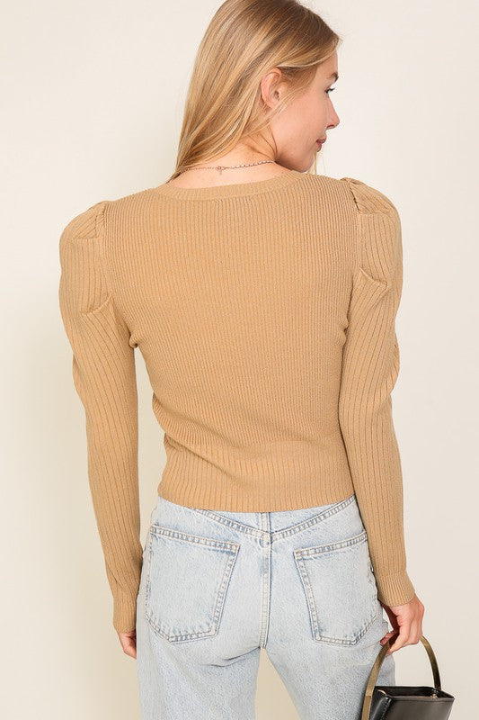 Luciana Puff Sleeve Ribbed Knit Top in Black, Mocha, & Ivory