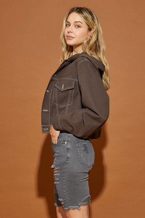 Azalea Hoodie Denim Jacket in Dark Oak & Oatmeal