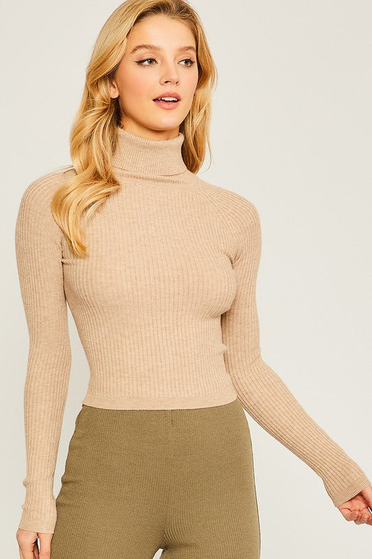 Cropped Contour Turtleneck Ribbed Top in Green, Black, Brown, Oatmeal & Ivory