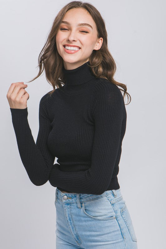 Cropped Contour Turtleneck Ribbed Top in Green, Black, Brown, Oatmeal & Ivory