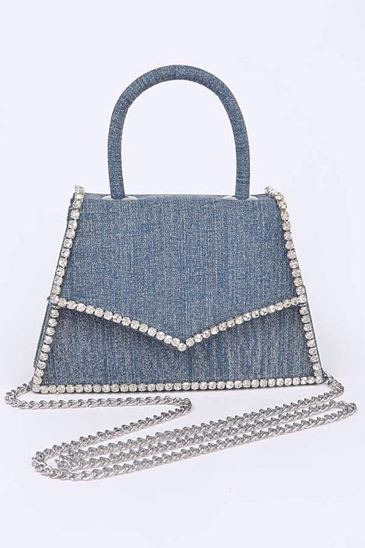 Adorned with Rhinestones Denim Top Handle Clutch Bag in Dark Blue & Light Blue