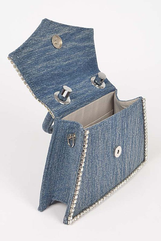 Adorned with Rhinestones Denim Top Handle Clutch Bag in Dark Blue & Light Blue