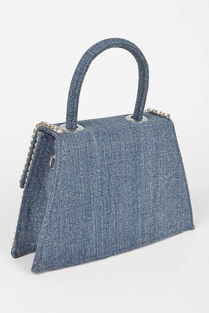 Adorned with Rhinestones Denim Top Handle Clutch Bag in Dark Blue & Light Blue