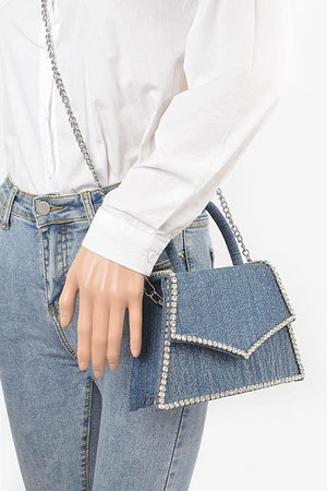 Adorned with Rhinestones Denim Top Handle Clutch Bag in Dark Blue & Light Blue