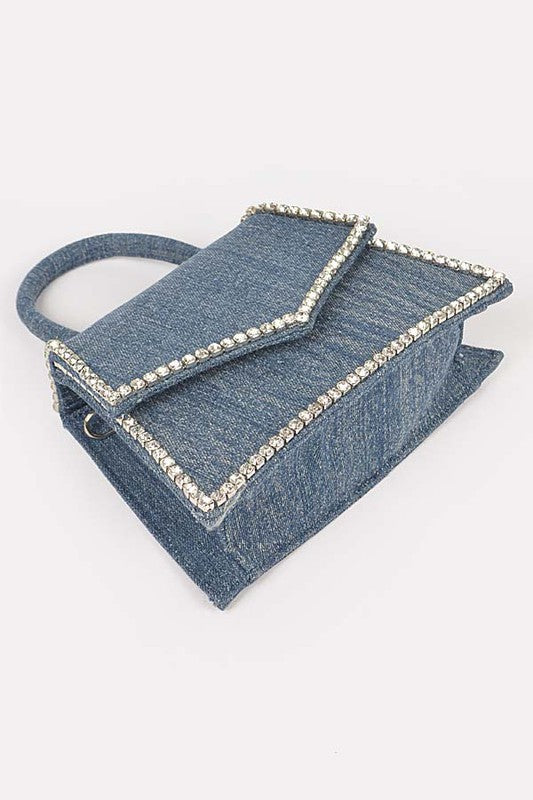 Adorned with Rhinestones Denim Top Handle Clutch Bag in Dark Blue & Light Blue