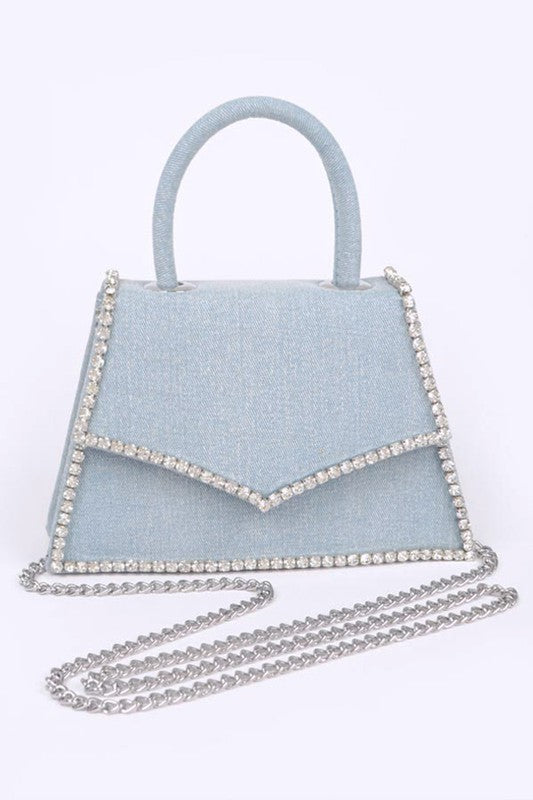 Adorned with Rhinestones Denim Top Handle Clutch Bag in Dark Blue & Light Blue